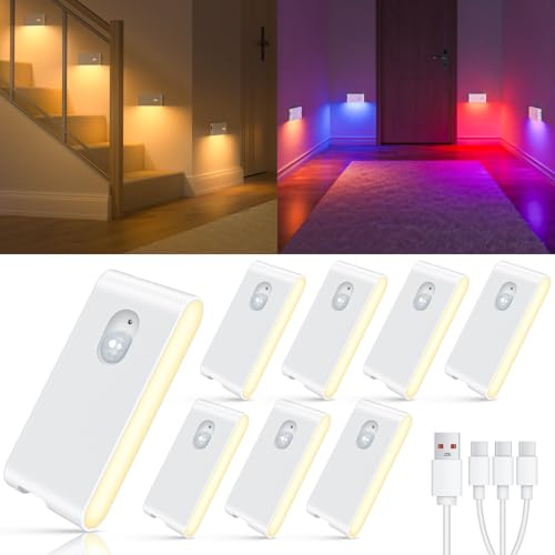 WILLED Led Nachtlicht mit Bewegungsmelder RGB & Warmweiß, Aufladbar USB lampe mit bewegungsmelder innen, Treppenbeleuchtung mit 3 Modi, Treppenlicht für Treppe,Flur,Schlafzimmer,Küche,Badezimmer
