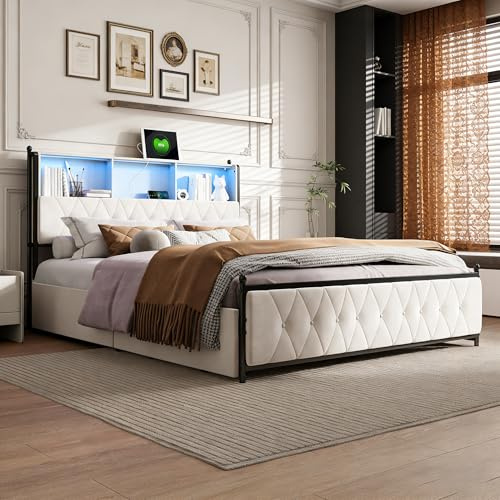 KRYZOR Polsterbett Doppelbett 160x200 mit 4 Schubladen und LED-Beleuchtung, Jugendbett mit USB und Type-C, Funktionsbett Bettgestell mit Lattenrost, Samt (Beige-Samt, 160x200cm)
