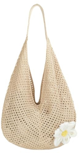Strandtasche Damen Häkeltasche für Den Sommer für Urlaub Einkaufen Alltag | Vintage Beige Damen Gestrickte Umhängetasche Netz-Stricktasche, Leichte Gehäkelte Mesh Strand Tote Bag Faltbar