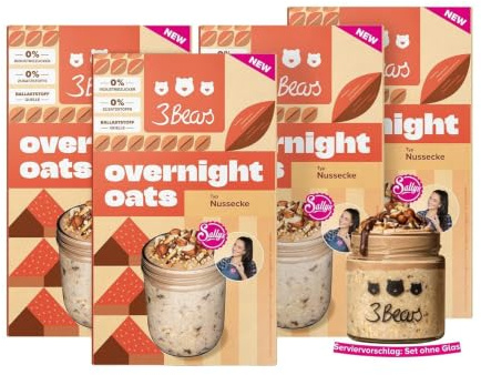 3Bears Overnight Oats Sallys Nussecke 4x400g – Ballaststoffquelle mit gerösteten Nüssen - veganes Frühstück ohne Industriezucker - schnelles Meal Prep – Kooperation mit Sallys Welt