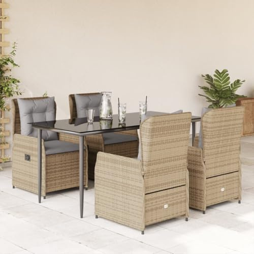 Brokky Gartenmöbel Set mit 4 Verstellbare Hochlehner Stühlen Gartenmöbel Essgruppe Garten Sitzgruppe 4 Personen Sitzgruppe Outdoor Rattan Gartentisch mit Stühlen Set-Beige und Hellgrau-5-tlg Typ 6