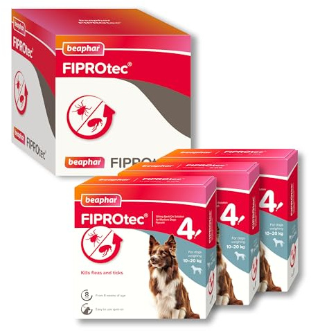 Beaphar - FIPROtec Spot-On Flea & Tick Treatment for Medium Dogs 10-20kg - 12 Treatments - Kills Fleas & Ticks – Veterinary Medicine - Easy to Apply Monthly - Suitable for Dogs & Puppies from 8 Weeks