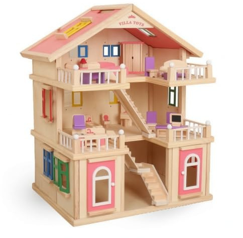 MotiveTech Wooden Dollhouse Large 3-Story Dollhouse Spacious Playhouse for Young Children, Playroom, Colorful Villa Standard