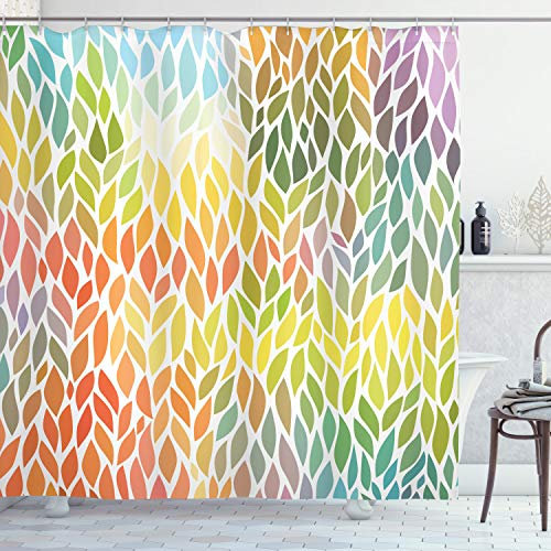 ABAKUHAUS Blätter Duschvorhang, Funky Blumen Bunt, Stoffliches Gewebe Badezimmerdekorationsset mit Haken, 175 x 240 cm, Gelb Mehrfarbig