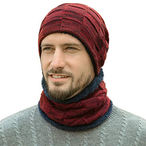 Bequemer Laden Herren Winter Warm Beanie Mütze und Loop Schal Set mit Fleece Gefütterte Thermo Wintermütze Strickmütze Mützen Schlauchschal Schals Geschenk Männer, Einheitsgröße, Rot