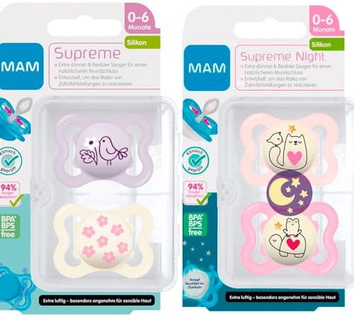 MAM Dental Schnuller Supreme, 0-6 Monate, 4er Set, SkinSoft Silikon, haut- und zahnfreundlicher Schnuller,
