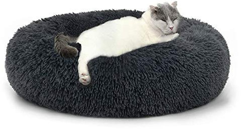 Beruhigendes Katzenbett, Donut-Kuschelnest, warm, weiches Plüschkissen für Hunde und Katzen, mit gemütlichem Schaumstoff, rutschfeste Unterseite, für kleine, für drinnen und draußen, Grau