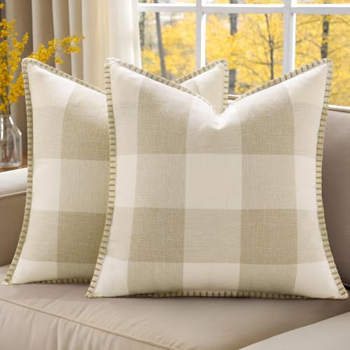 decorUhome Farmhouse Buffalo Plaid Check Throw Pillow Covers 24x24 Set of 2, Outdoor Fall Decorative Pillow Covers with Stitched Edge for Bed Couch Sofa, Cream White and Beige