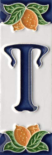 Números de casa, azulejos de cerámica italiana con números y letras, diseño de limón, tamaño del azulejo: 10 cm x 3,5 cm (letra T)