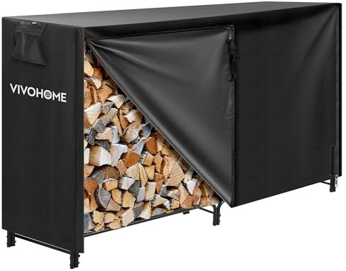 VIVOHOME Estante Almacenamiento Leña con Cubierta Impermeable y Cremallera, 183 × 35 × 122 cm Soporte de Leña Metálico para Interior y Exterior, Organizador de Troncos para Chimeneas y Jardín