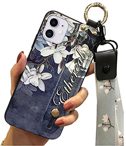 Crossbody Case Compatible with Apple iPhone XS Max Phone Cases with Wrist Strap Kickstand Lanyard Soft Silicone Shockproof Protective Flower Cover for Women(Blue Flower)