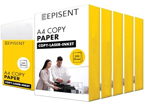 EPISENT A4 White Paper Sheets - 80gsm Bright White, Stronger, Sharper & Acid Free - Office Printer, Copier and Multifunction Laser Inkjet Compatible - 500 Sheets per Ream (A4 1 Ream X 5)
