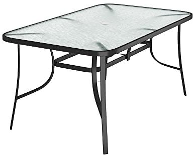 DKIEI 150x90cm Rectangle Outdoor Dining Table, Glass Top Garden Table with Umbrella Hole, Patio Table with Steel Frame for Yard Bistro Lawn Balcony, Black