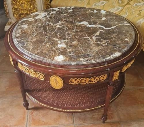 Casa Padrino Barock Couchtisch mit Marmorplatte Braun/Gold/Grau - Runder Massivholz Wohnzimmertisch im Barockstil - Barockstil Wohnzimmer Möbel - Barock Möbel - Antik Stil Wohnzimmer Möbel