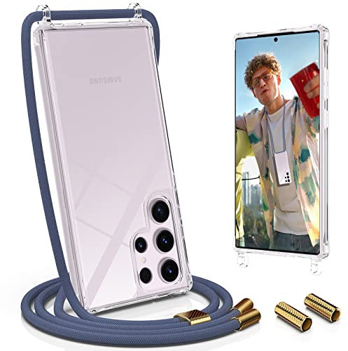 UYMO Handykette Hülle mit Band kompatibel mit Samsung Galaxy S23 Ultra 6.8 - | Necklace Transparent Handyhülle Case mit Schnur Abnehmbar |,Stoßfeste Schutzhülle zum Umhängen Kordel, Blau