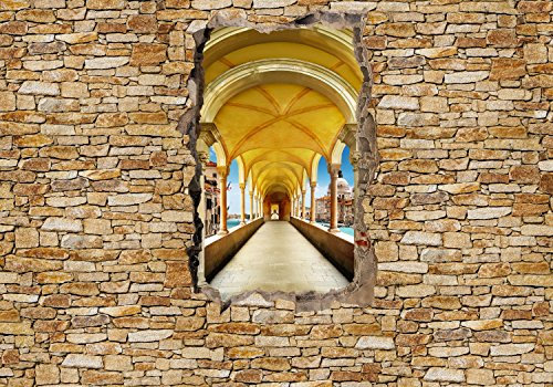 wandmotiv24 Fototapete Mauerloch mit Tunnel, 400 x 280 cm - selbstklebende Strukturtapete, Wanddeko, Wandbild, Wandtapete, Wand, Steine, Loch, 3D-Optik M0574