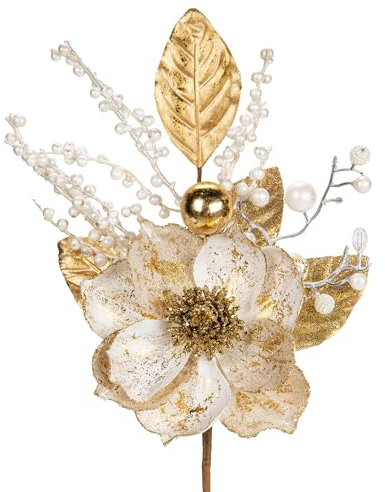 2 ramos de flores grandes de Navidad de 18 pulgadas con purpurina, arreglos florales de magolia artificial blanca con bayas realistas, hojas y bolas para decoración de árboles, decoración del hogar,