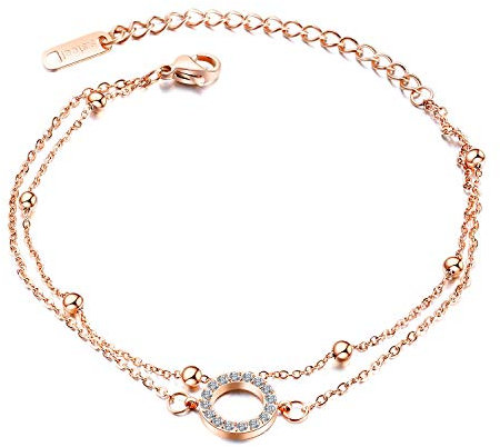 Bracelet 14K Or Rose pour Femme, Bracelet en Acier inoxydable,Double Chaîne Bracelet et Bracelet de Cheville incrustés de Zircons(bracelet incrusté de diamants or rose)
