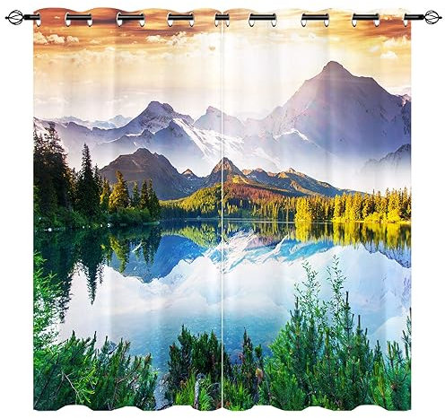 YUANZU Natur Vorhänge Landschaft Berg Wald See Dschungel Ösen Gardinen mit Blickdichte Vorhang Kälteschutz Blackout Curtain Wohnzimmer Schlafzimmer Verdunkelung Fenster, 2 Stück, H 200 x B 140 cm