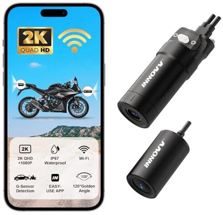 INNOVV K6 Motorcycle Dash Cam Dual Channel QHD 2K+1080P, IP67 Waterproof Mini Motocam with Wi-Fi, 120°Golden Angel, G-Sensor Detection, Support 256GB(SD Card not Included)