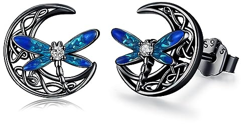 Keltische Mond-Ohrringe 925er-Sterlingsilber Libellen-Ohrstecker irischer keltischer Schmuck Geschenke für Frauen und Mädchen (Black Gold)