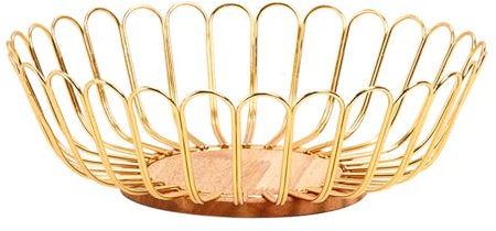 soulnioi Fruit Basket Iron Wire Fruit Bowl with Wooden Base Round Fruit Storage for Vegetable Snack Bread Home Decor - Gold