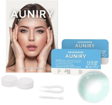 AUNIRY Kontaktlinsen Farbige Blau AQUAMARINE Natürliche: Komplettset (2 Linsen, Pinzette, Applikator und Kontaktlinsenbehälter), 12 Monate, keine Korrektur, 0 Dioptrien und DIA 14,2 mm | AUNIRY