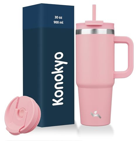 Konokyo Vaso de 30 onzas con asa y 2 popotes, tapa 2 en 1, botella de agua aislada de acero inoxidable, taza de café de viaje, color rosa