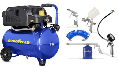 Goodyear - Compresseur et pistolet à peinture 24 litres 230 V - 50 Hz. Compresseur sans huile avec kit d'air Capacité d'aspiration de 107 litres/minute. 1 450 tr/min. Pression nominale 6 bars. 73 db