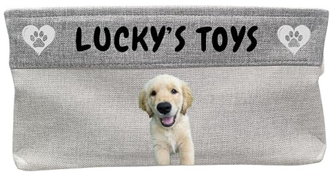 Personalised Dog Toy Box Storage Basket Bin with Handles, Custom Pet's Name and photo, foldable Storage Box, Storage Basket for Organising Dog Toys, Clothes and Accessories (Grey)