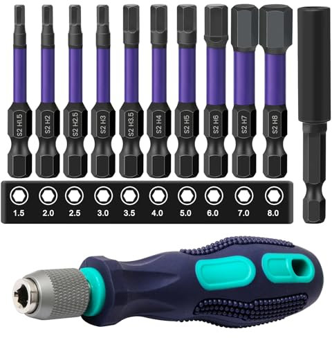Hakkin 10 Stück 50mm Hex Bits Set Lang Hexagon Sechskant Schraubendreher Sortiment 1/4 S2 Hex Schraubenzieher Bitsatz für Akkuschrauber mit Bithalter und Griff 2,5/3/3,5/4/5/6/7/8mm