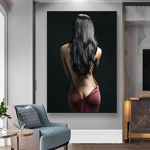 GELYX Nackte künstlerische sexy Frau mit rotem Rock, Gemälde, Leinwand, Poster, Drucke, Wandkunst, Bild für Wohnzimmer, Dekoration, Heimdekoration, 50 x 70 cm, rahmenlos