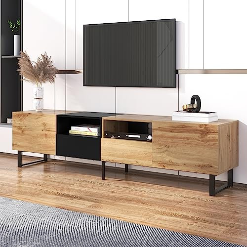 Merax TV Schrank, TV Lowboard mit Schubladen, Moderner Fernsehtisch mit Stauraum, TV Tisch für Wohnzimmer und Esszimmer, Holzfarbe & Schwarz, 190 x 38 x 48 cm