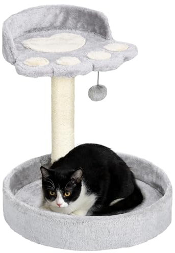 PawHut Cat Tree, 44cm Cat Tower, Cat Tree for Indoor Cats, with Sisal Cat Scratching Post, Platforms, Toy Ball - Light Grey