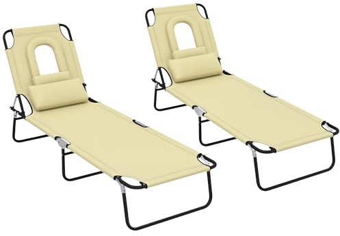 Outsunny Folding Sun Loungers Set of 2 with Face Hole, 4-Position Adjustable Backrest Garden Recliner Chairs Sunbeds, Outdoor Lounge Chairs with 600 D Oxford Cloth Seat, Pillow for Beach, Beige