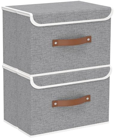 Yawinhe Collapsible Storage Box, Fabric Bin with Lids 2 Pack, Closet Baskets with Handle, for Organizing Clothes, 38x25x25cm, Grey, SNK018GY-2