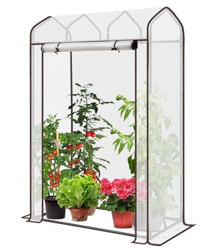 Sekey Gewächshaus Klein Tomatengewächshaus 150x100x50 cm, Mini Gewächshaus Folie Tomatenhaus Balkon Garten, Dachschräge Tomaten Foliengewächshaus Stabil Winterfest, Weiß