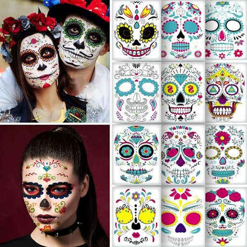 Lot de 12 tatouages temporaires Jour des morts pour Halloween - Crâne en sucre - Pour maquillage, bal masqué, fête - Tatouages visage et corps pour événements