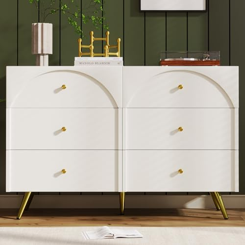 MSMOK Schubladenkommode Kommode mit 6 Schubladen, Weiß Sideboard Highboard für Schlafzimmer & alle Wohnräume, Creme-Weiß (H85/B120/T40 cm)
