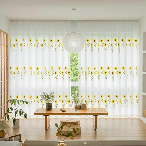 Gualiy Fenstervorhang Transparent, Gardinen Vorhänge 2er Set Ösen Sonnenblume Stickerei Gardine Vorhänge B 132 x H 138 cm Vorhänge Modern Wohnzimmer, Weiß