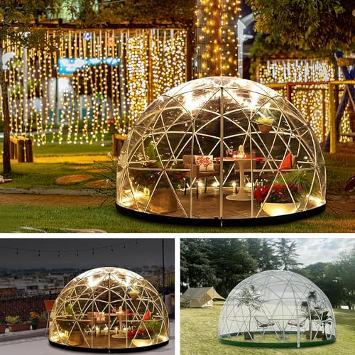 Serre de jardin dôme géodésique avec housse en PVC, étanche avec 2 cordes lumineuses de 10 m pour extérieur, terrasse, salle à manger, jardin, fête, bord vert 3,7 x 2,3 m