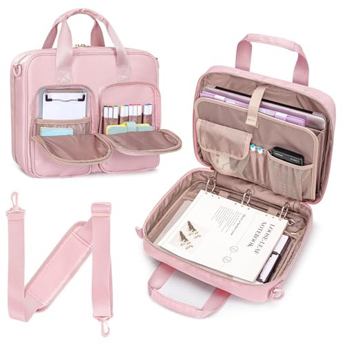 Prokva Schreibmappe mit Ringbuch, Große Fächern für 13 Laptop, Reise Aktenmappe Konferenzmappe mit Riemen, A4 Binder mit 500 Blatt Fassungscermögen, Rosa (Leer Tasche)