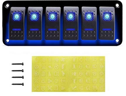 MUEOSI Panneau de Commutation à Bascule 4 6 Gang avec lumière, for Camping-Car, Voiture, Bateau, Panneau de Commutation 12 V 24 V, Panneau de Commande de disjoncteur Tableau électrique(Blue 6Gang)