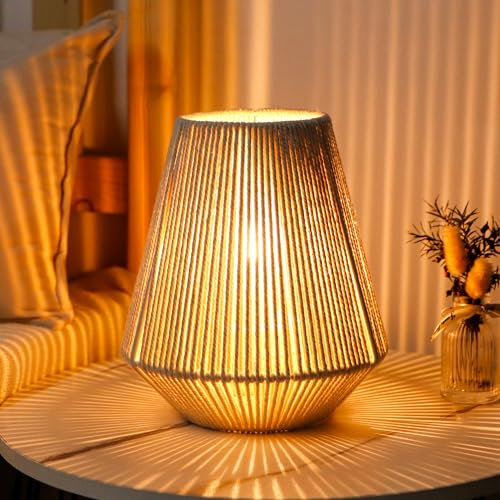 JHY DESIGN Lámpara de mesa tejida bohemia de 8 pulgadas de alto, cuerda de algodón, lámpara decorativa inalámbrica que funciona con pilas con temporizador de 6 horas para dormitorio, sala de estar