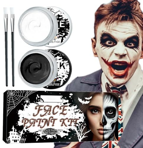 Pintura facial blanca y negra,Pintura facial de Halloween en y negro | Juego de pintura facial y corporal con pinceles,Pintura facial y corporal para ojos para adultos, pinturas para la piel de cobert