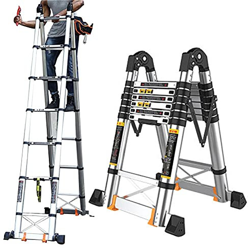 Telescoping Ladder Aluminum Telescopic Ladder Multi-use A-Frame with Double Stabiliser Bar,Heavy Duty Extendable Telescoping Ladder for Loft Roof Home Office lofty ambition