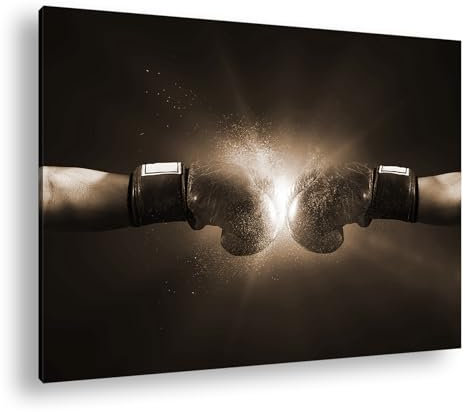 deyoli Zwei Boxhandschuhe prallen in einer Explosion von Kraft und Staub aufeinander,ein Symbol für Rivalität.Format:90x60 cm Effekt:Sepia als Leinwandbild,Motiv auf Echtholzrahmen,Digitaldruck
