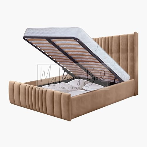 High Headboard Luxury Wingback Bed Frame With Gas Lift Storage - Gas Lift Ottoman Storage bed with 49 inches high headboard In same Plush Velvet Fabric (MINK, 5FT King Size)