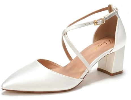 Elivandon J1586 pour Femme Satin Pointe Effilée Talon Moyen Soirée Sandales 6cm Carré Talon Nuptiale Fête Mariage Escarpins avec Longue Bride