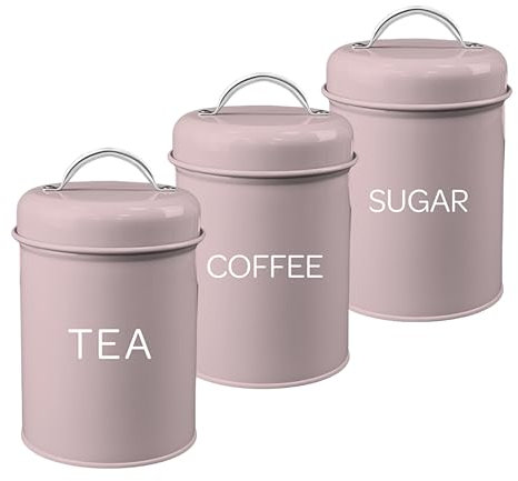 ADEPTNA 3-Piece Tea, Coffee Sugar Kitchen Canister Set Round Food Storage Containers for Durable Metal Jars Airtight Lids Easy Clean Minimal Elegant Design Ideal for Office/Camping/Kitchen (PINK)